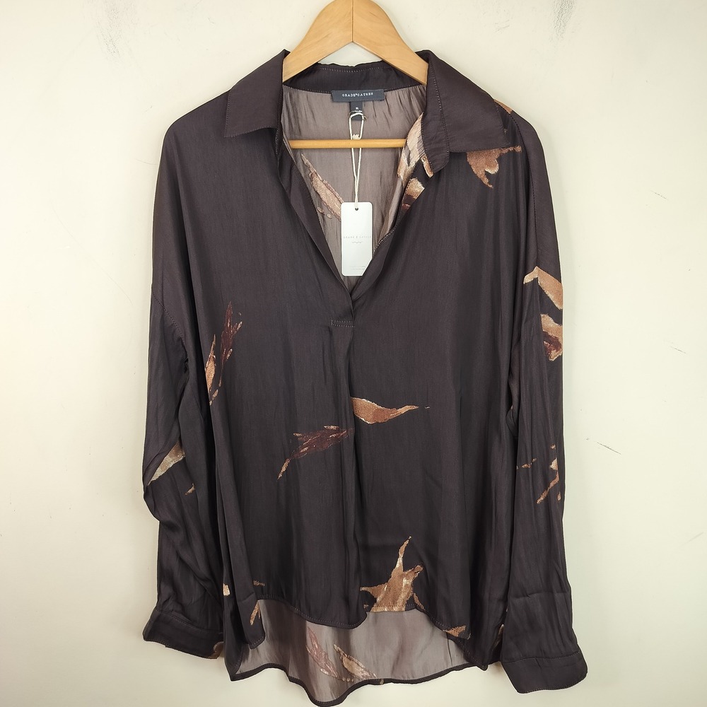 Grade & Gather Blouse Women XL Brushstroke V-Neck Long Sleeve Boho Brown Black
